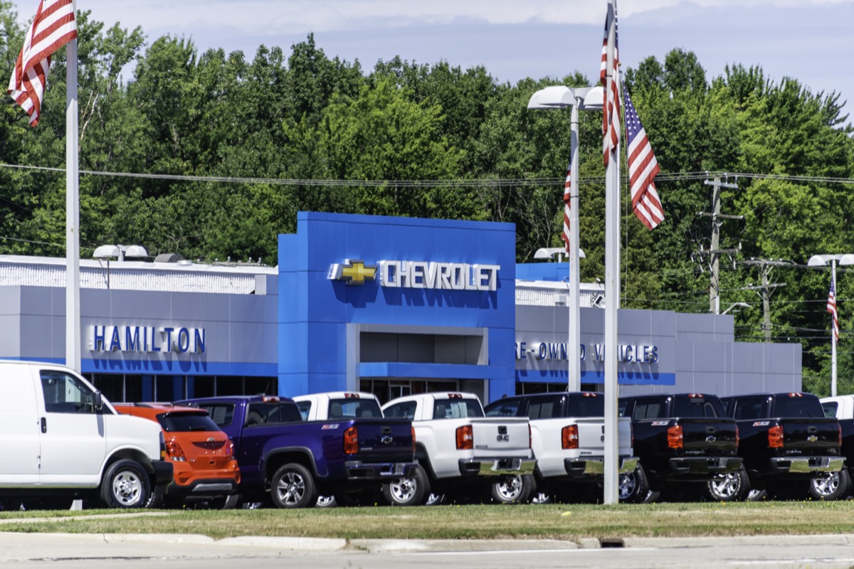 A Chevrolet dealership in Warren, Michigan. Founded in 1911, Chevrolet is a subsidiary of General Motors and manufactures a variety of cars and trucks.