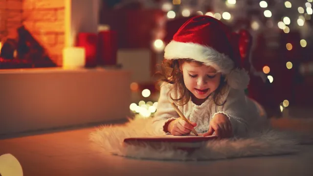 young child writing santa claus a letter in front of a christmas tree