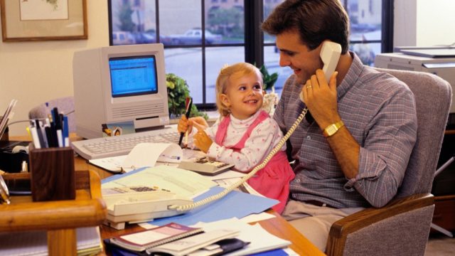 Father and Daughter in Home Office in 1990s