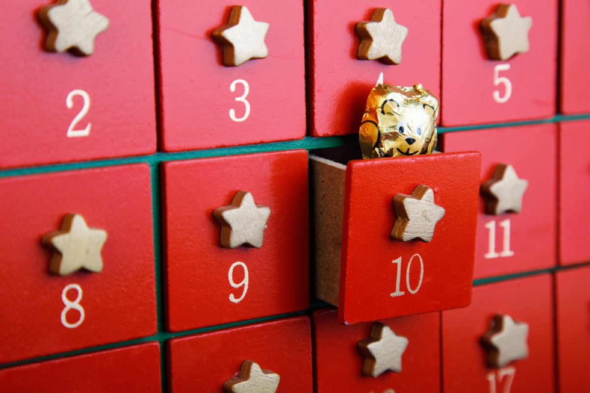 Chocolate bear peeking out of advent calendar