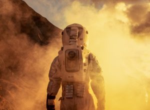 an astronaut stepping foot on mars