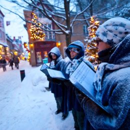 Parents, children, and grandfather singing carols for senior woman