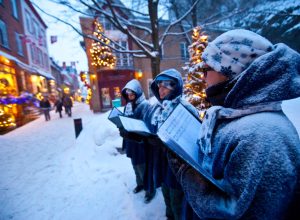 Parents, children, and grandfather singing carols for senior woman