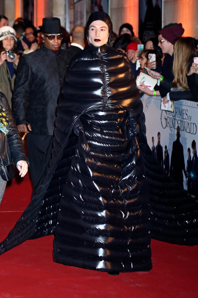 ezra miller wearing a ridiculous moncler puffer coat at the fantastic beasts and where to find them premiere