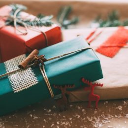 holiday presents wrapped in hipstery wrapping paper