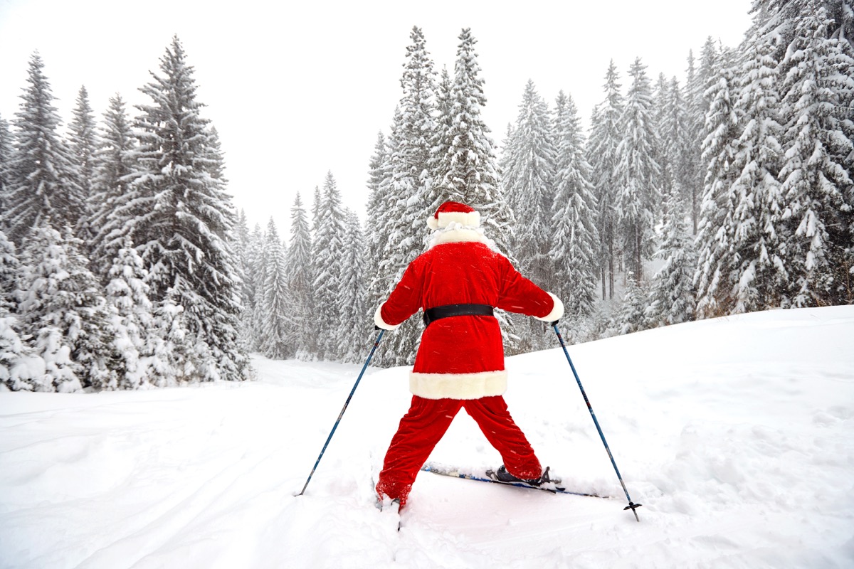 Person in Santa Claus suit skiing through evergreen trees
