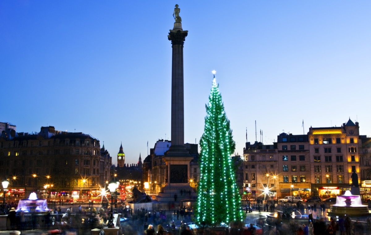 christmas tree with green lights at trafalgar square in london at night