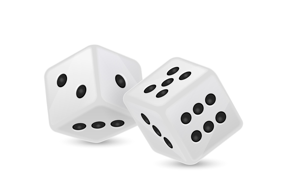 Vector illustration of white realistic game dice icon in flight closeup isolated on white background. Casino gambling design template for app, web, infographics, advertising, mock up etc