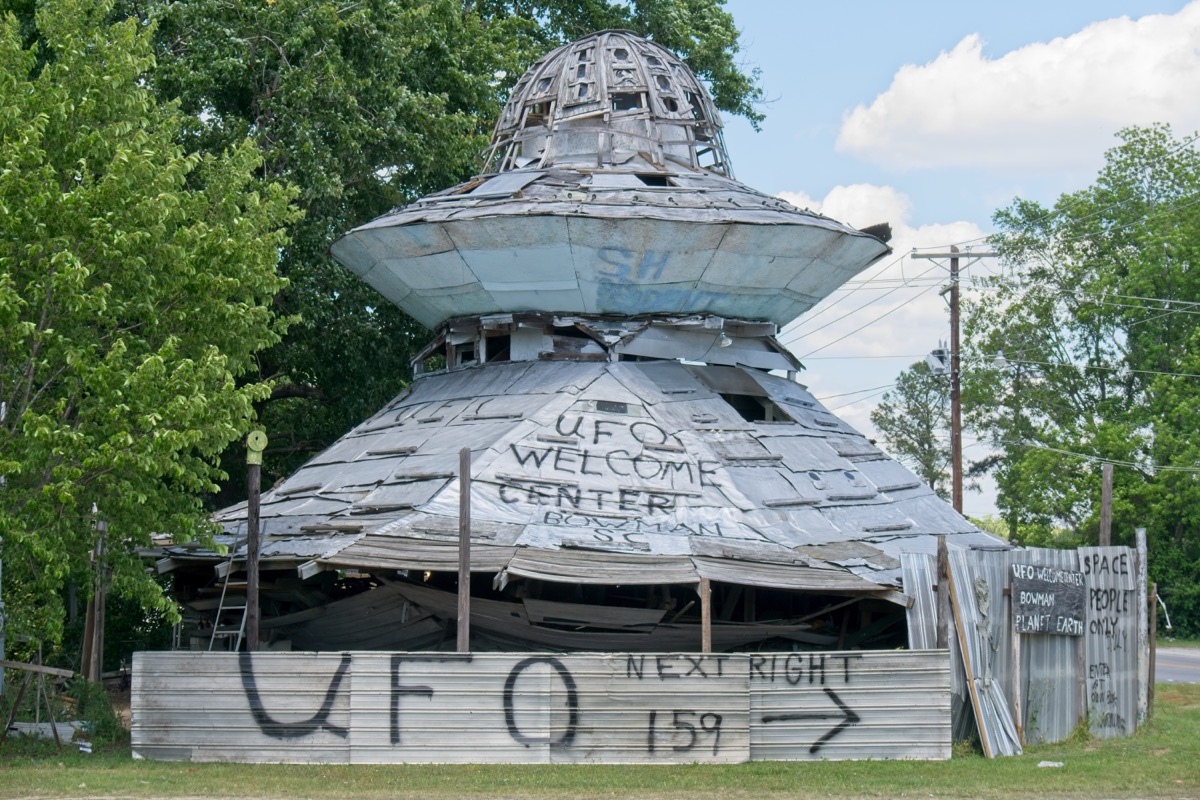 Bowman, South Carolina-April 6 2018: Homemade flying saucer shaped dwelling advertising it as being the UFO Welcome Center located in a small town in South Carolina.