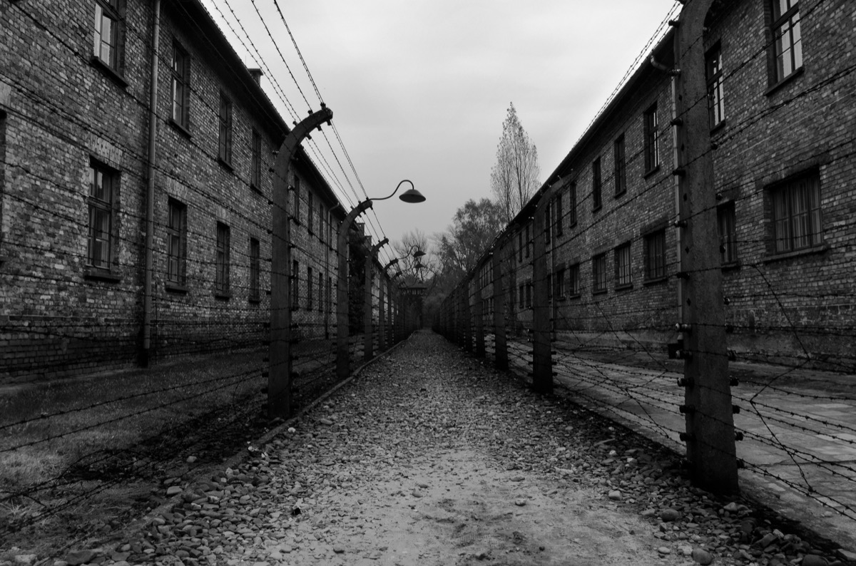 Auschwitz, Poland, October 212017. Electric fence in Auschwitz-Birkenau I, Nazi concentration camp