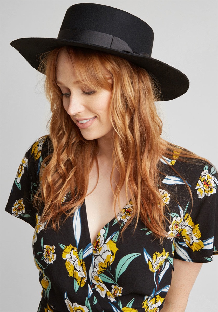 This wide-brim hat from Modcloth has a bold bow for a fun feminine touch. 