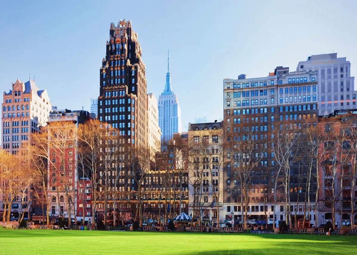 Green Lawn and Skyscrapers in Bryant Park in Midtown Manhattan, New York of USA Privately Owned Landmarks