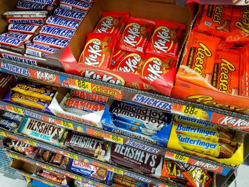 candy near checkout counter at grocery store