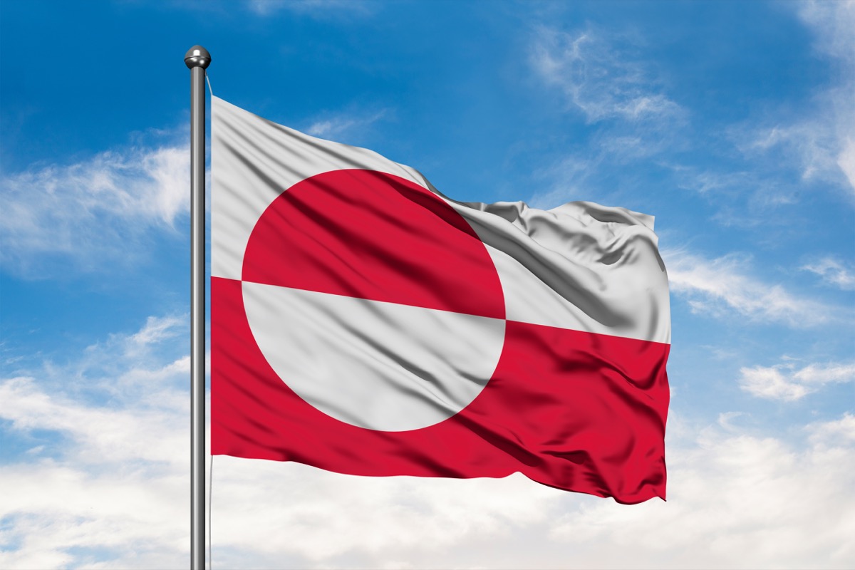 Flag of Greenland waving in the wind against white cloudy blue sky. 