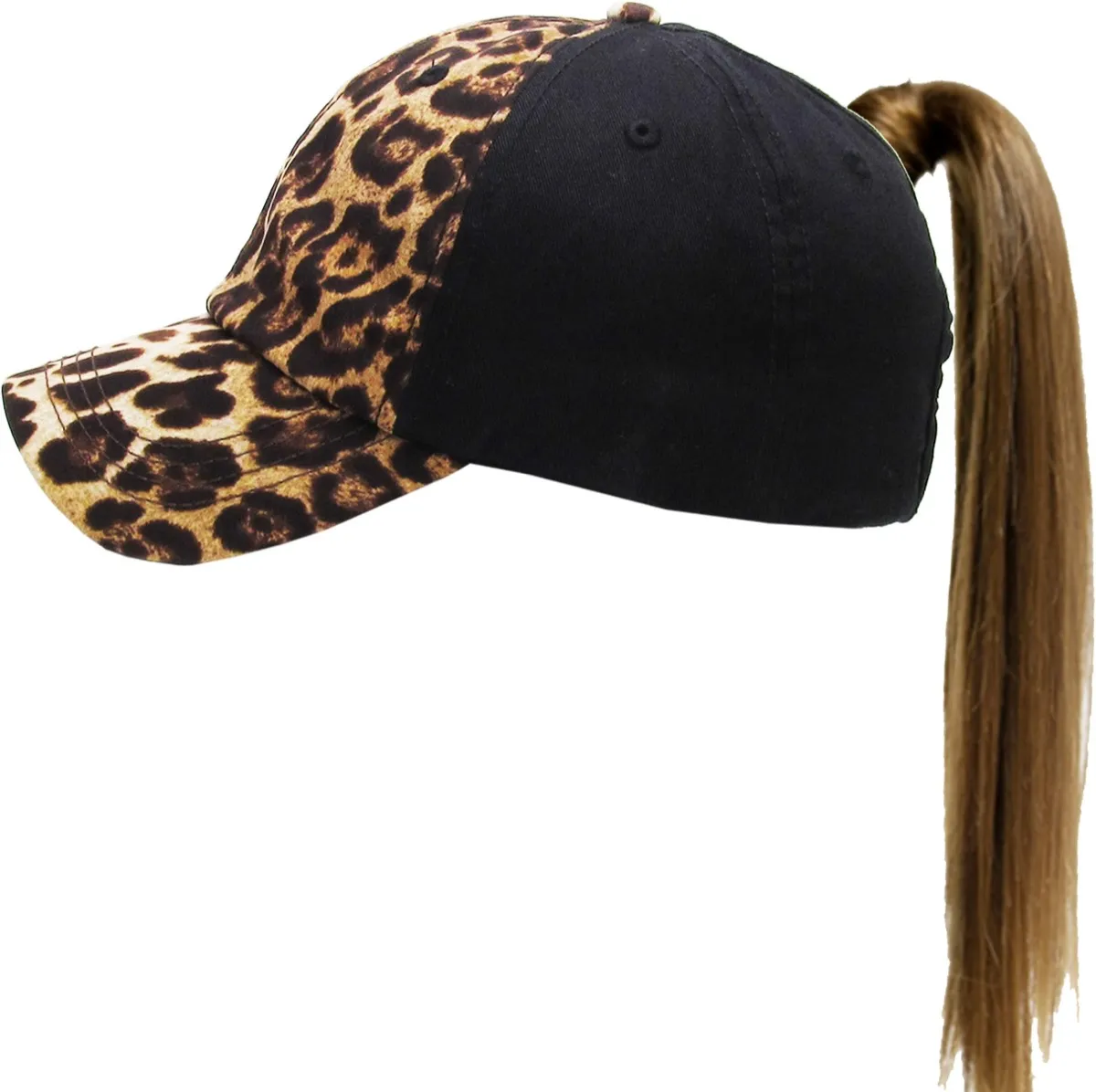 a leopard print hat with a fake ponytail 