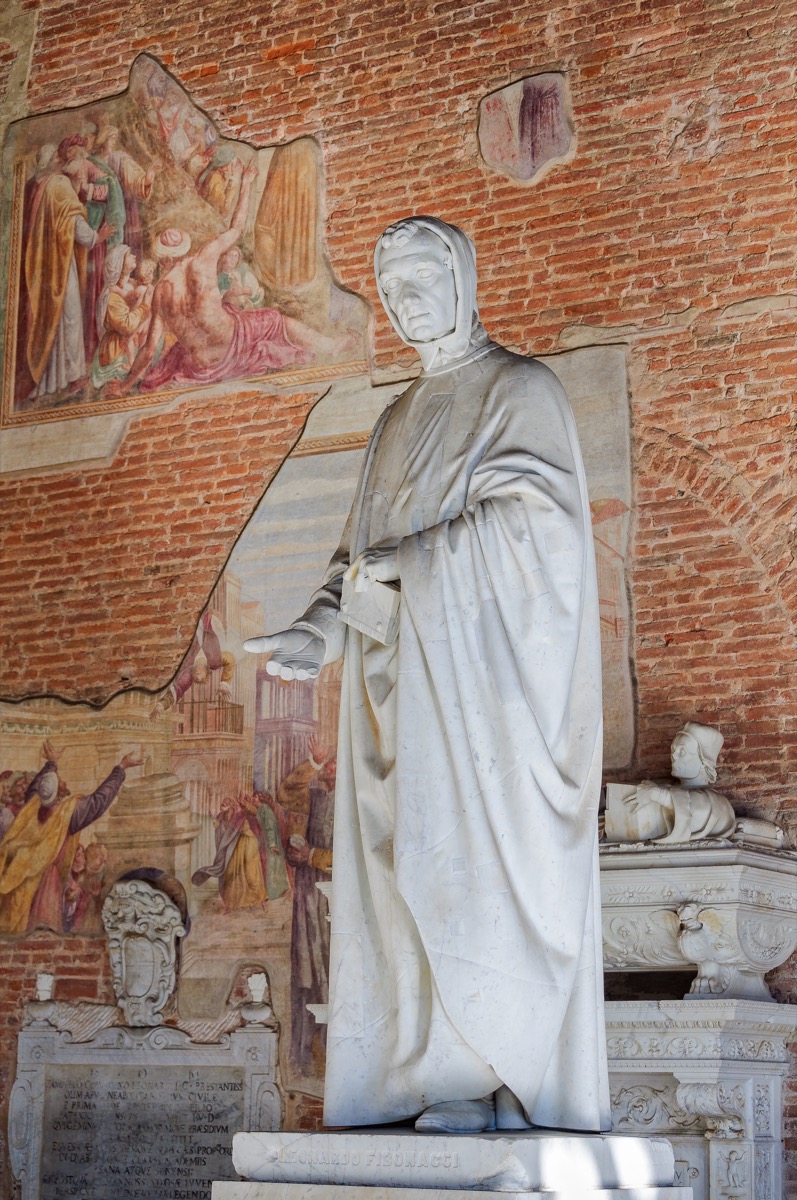 Pisa, Tuscany, Italy - October 8, 2011: The marble statue of Leonardo Fibonacci by Giovanni Paganucci in the Monumental Cemetery 