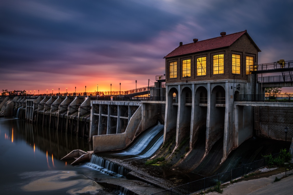 Lake Overholser Dam in Oklahoma City. It was built in 1918 to impound water from the North Canadian river. Long exposure.