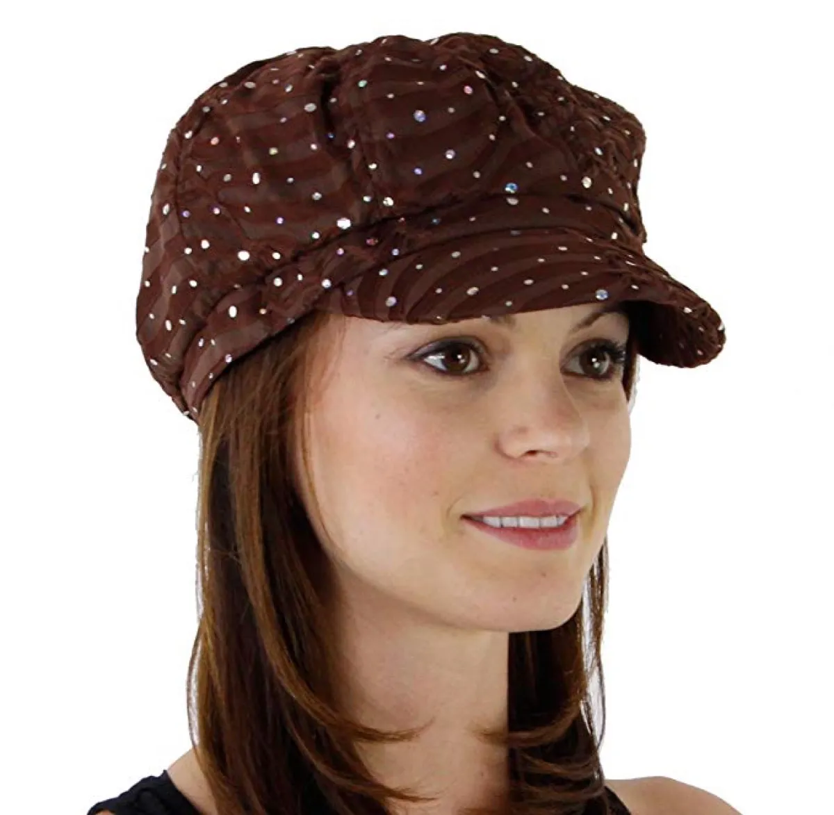 woman wearing a brown sequined newsboy hat