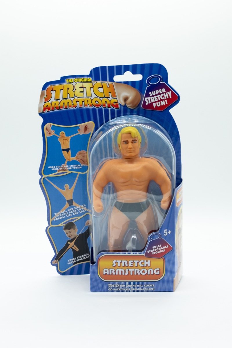 Largs, Scotland, UK - November 29, 2018: Original Branded Stretch Armstrong child's Toy in partially recyclable packaging in line with current UK guidelines - Image