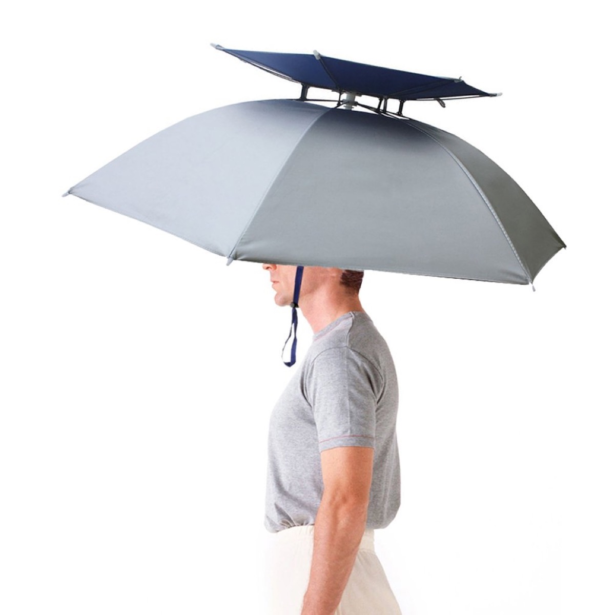 man wearing an umbrella hat