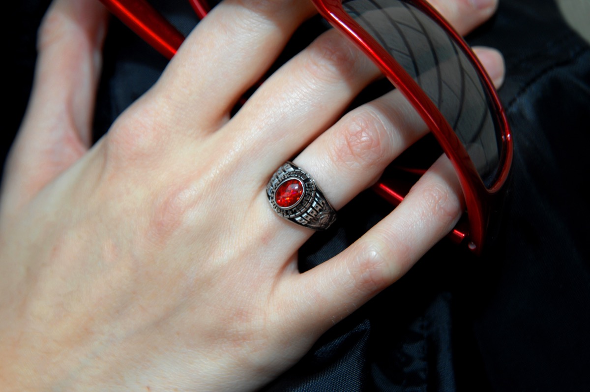 Woman wearing ruby class ring
