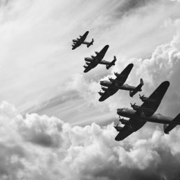 Black and white retro image of Lancaster bombers from Battle of Britain in World War Two