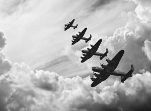 Black and white retro image of Lancaster bombers from Battle of Britain in World War Two