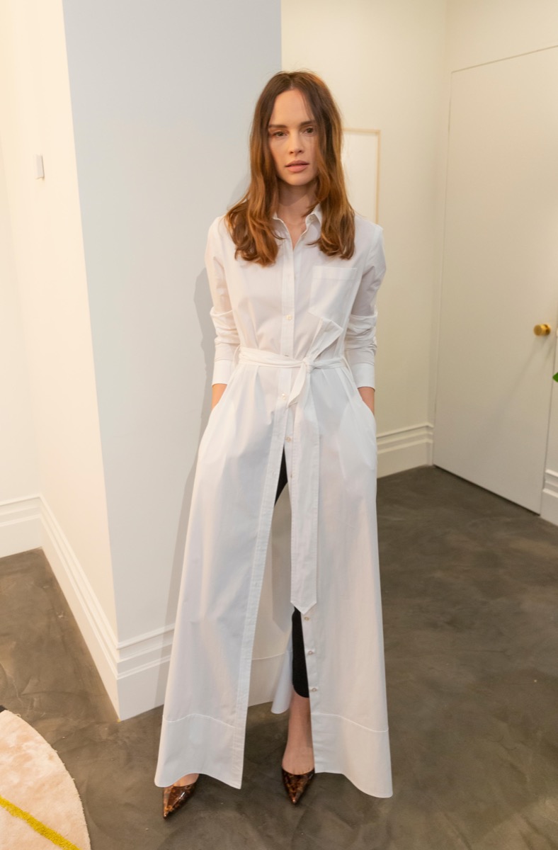 RK2K5K New York, NY - February 7, 2019: Model shows off clothing for BLDWN women's Fall/Winter 2019 presentation at Roll & Hill gallery