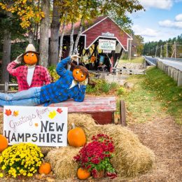 Bartlett, NH, USA - October 12, 2012: Halloween Decoration in Front of the Covered Bridge Gift Shoppe. The historic Bartlett Covered Bridge is one of 53 covered bridges left in New Hampshire. - Image