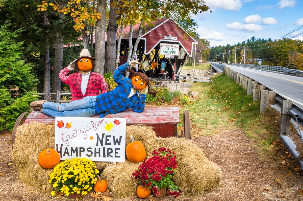Bartlett, NH, USA - October 12, 2012: Halloween Decoration in Front of the Covered Bridge Gift Shoppe. The historic Bartlett Covered Bridge is one of 53 covered bridges left in New Hampshire. - Image