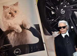 Karl Lagerfeld with a poster of his cat