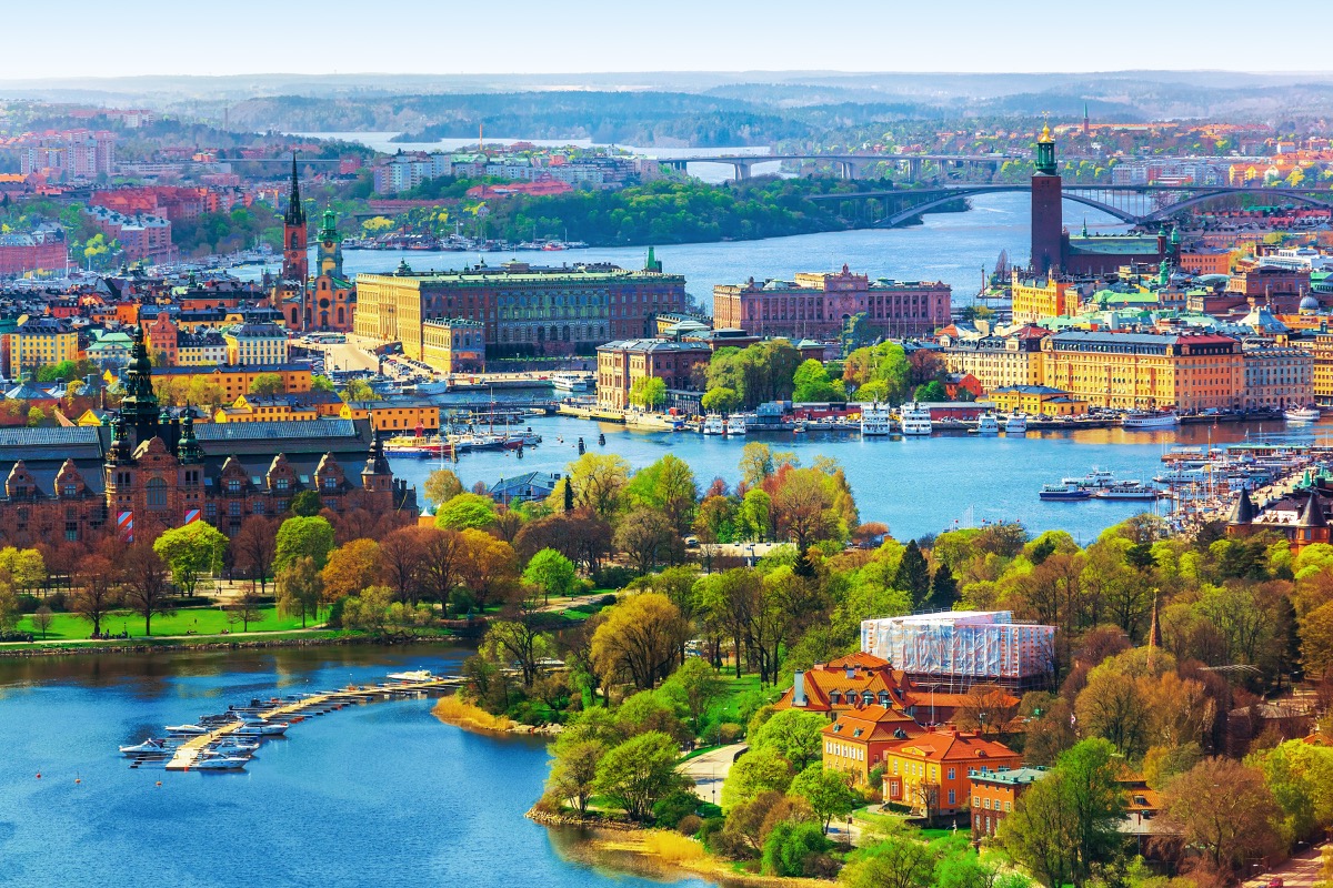 Scenic summer aerial panorama of the Old Town (Gamla Stan) architecture in Stockholm, Sweden - Image