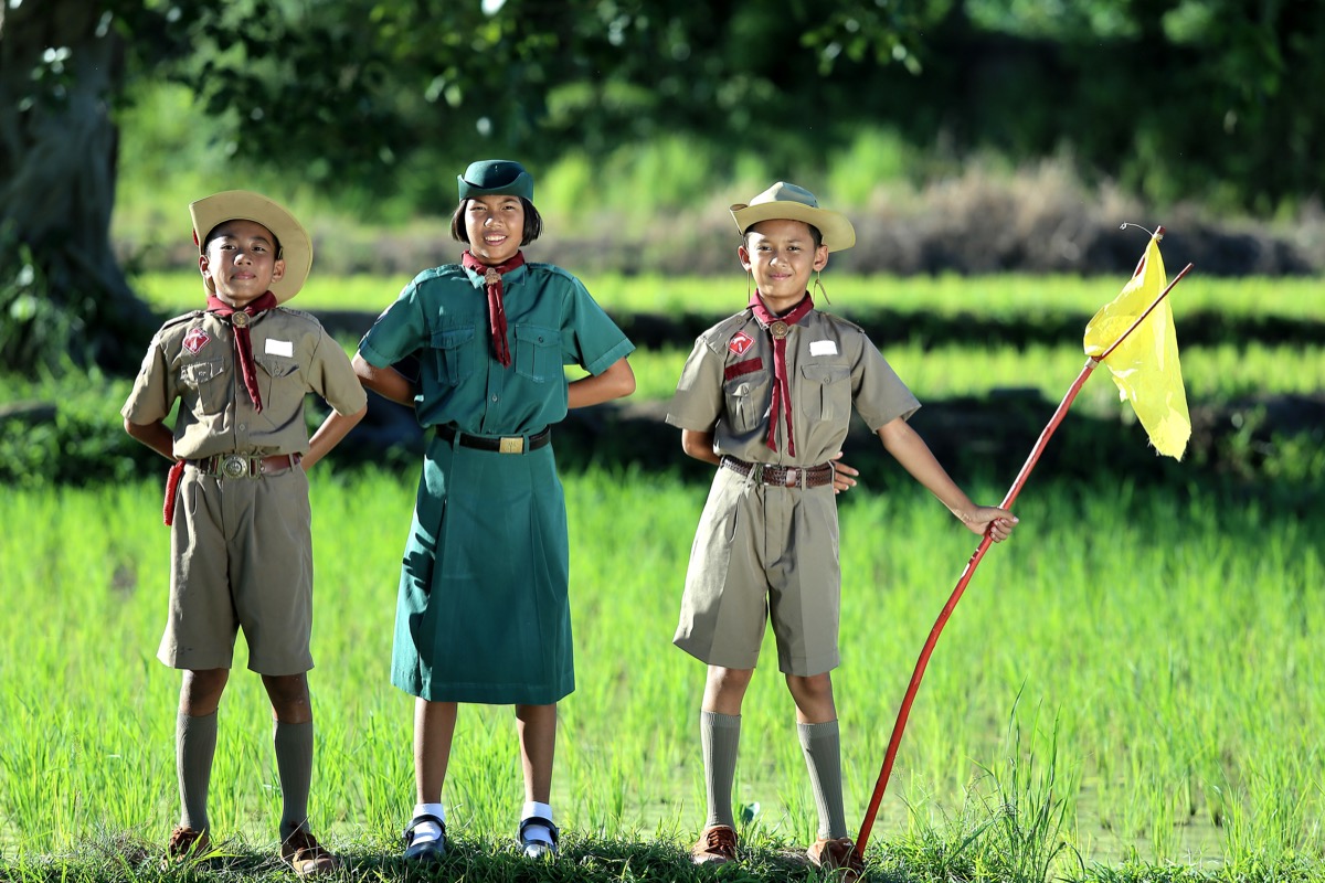 Three scouts boys and girl standing on the cornfield - Image