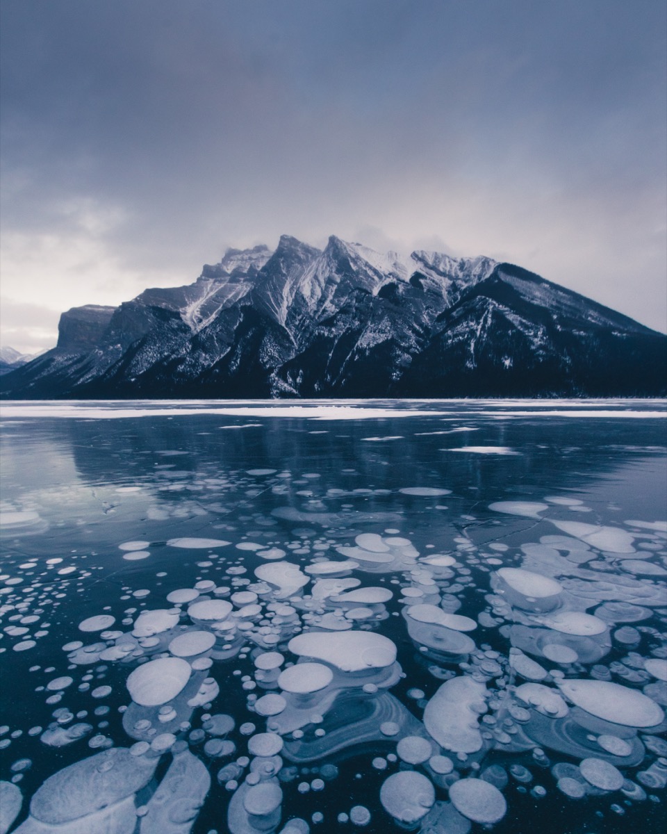 frozen bubbles in the abraham lake in canada, rare events