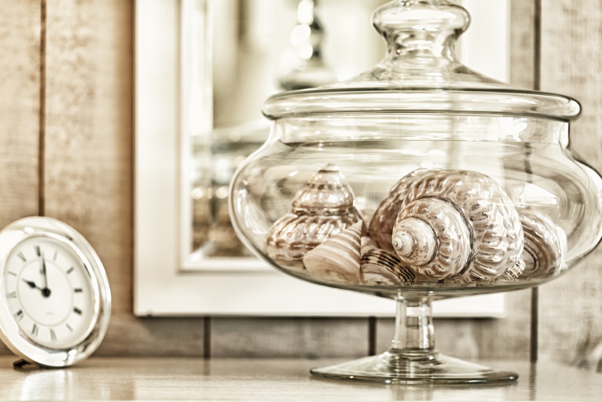 glass jar of seashells