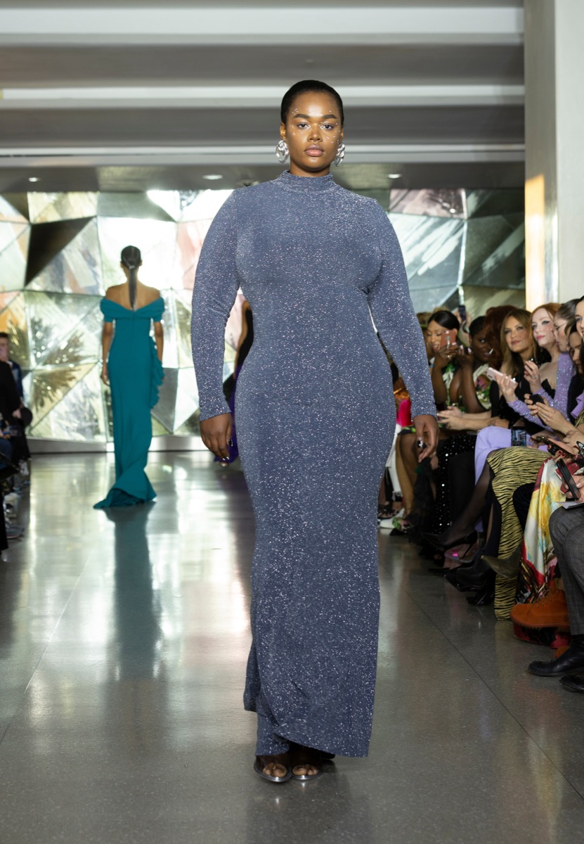 New York, NY - February 9, 2019: Model walks runway for Christian Siriano New York fashion week Fall/Winter 2019 collection at Top of the Rock Rockefeller Center