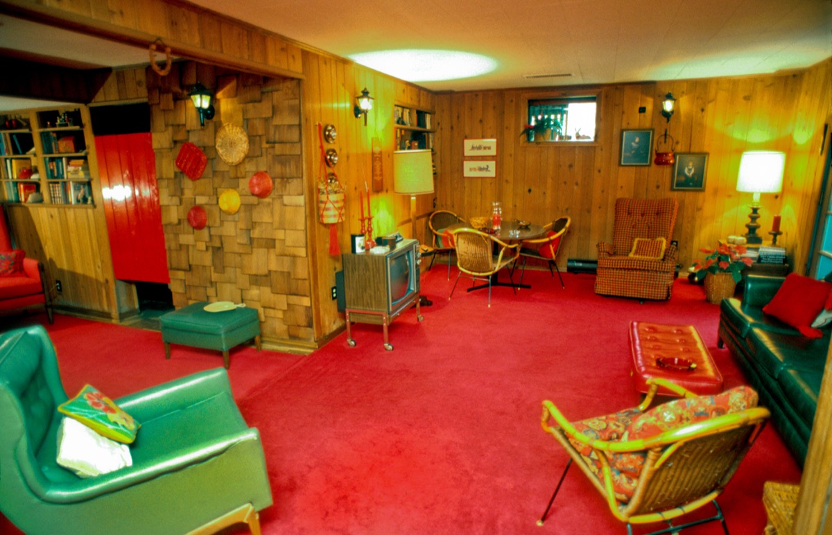 Red, Green, And Wood Basement in huge 1960s home
