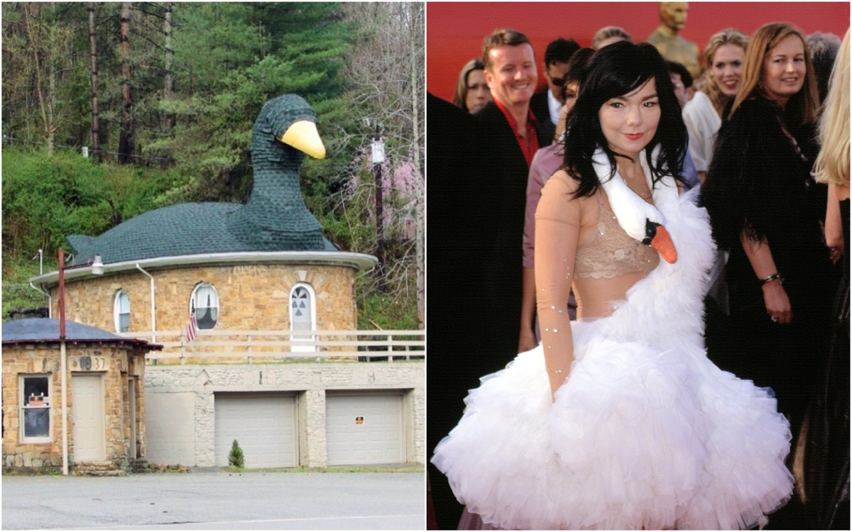 Green mother goose house in Kentucky looks similar to Bjork's swan dress from Oscars, celebrities who look like houses