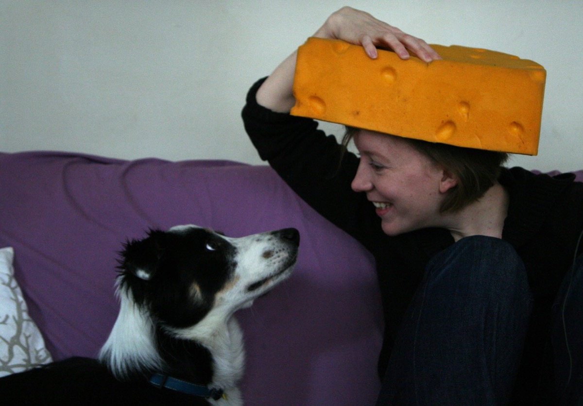 woman in cheese wedge hat sits on couch as dog stares at her, state fact about wisconsin