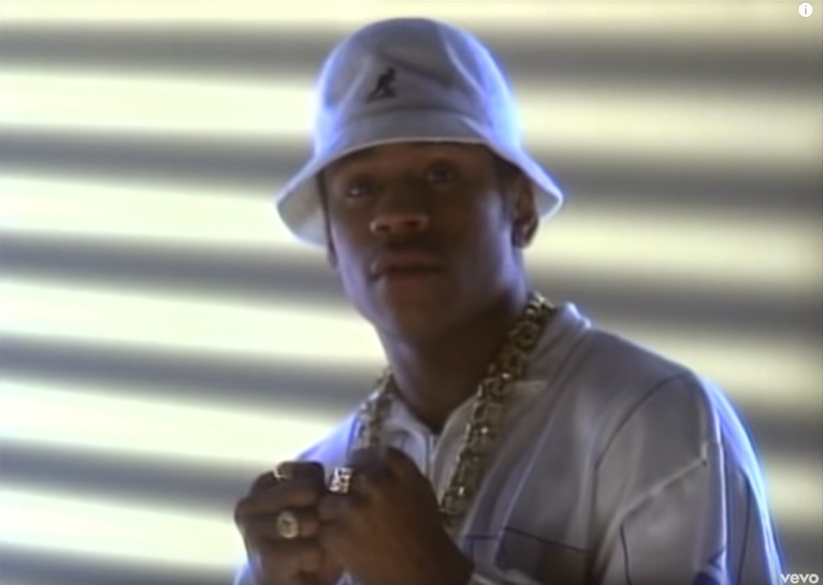LL Cool J in I Need Love music video wears white Kangol bucket hat, a popular 80s fashion trend