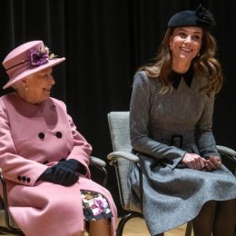 Queen Elizabeth and Kate Middleton at Kings College on stage
