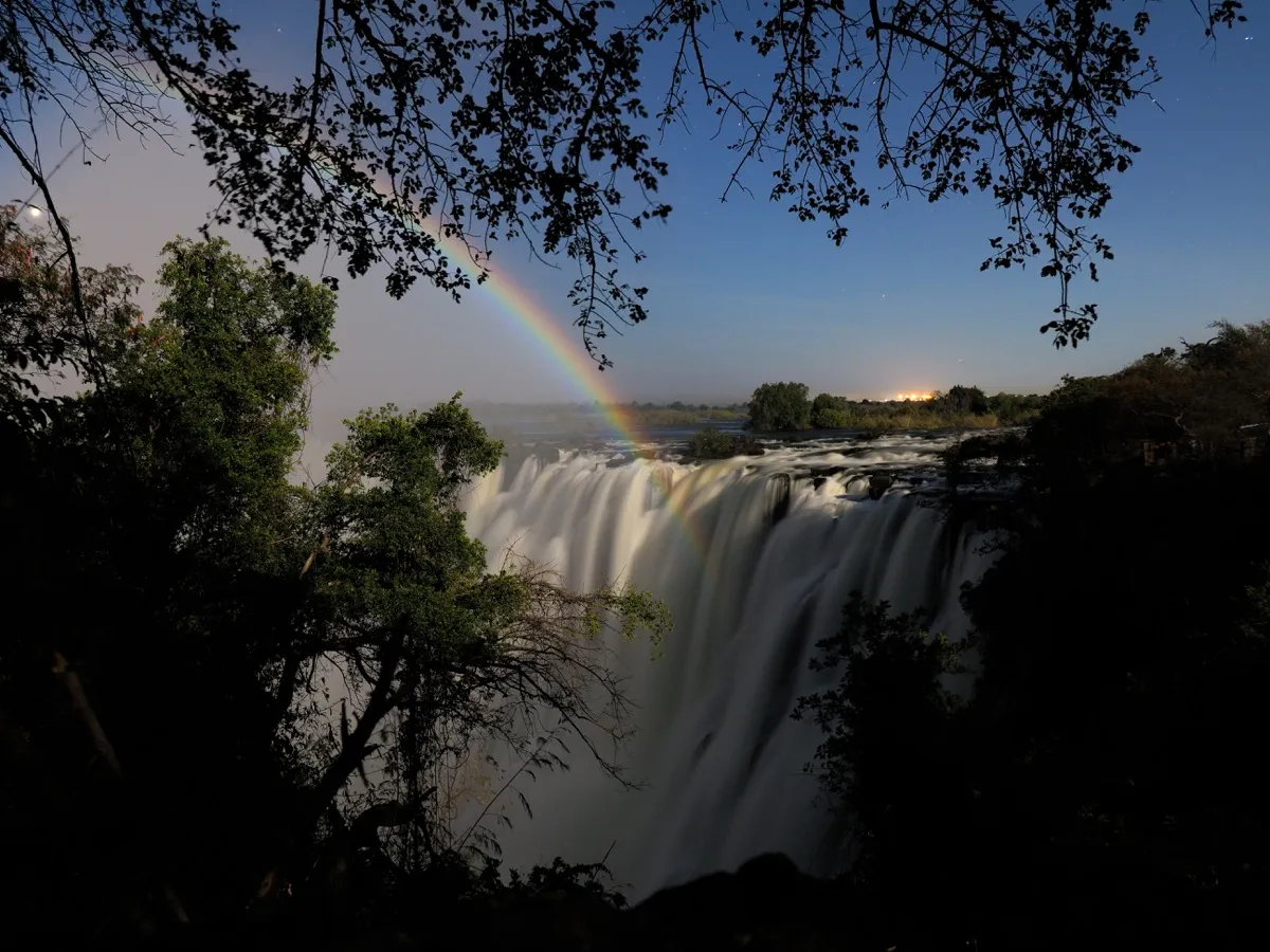 Lunar rainbow over Victoria Falls in Zambia