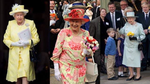 a composite image of queen elizabeth holding launer handbags in public appearances