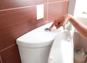 Woman flushing toilet button