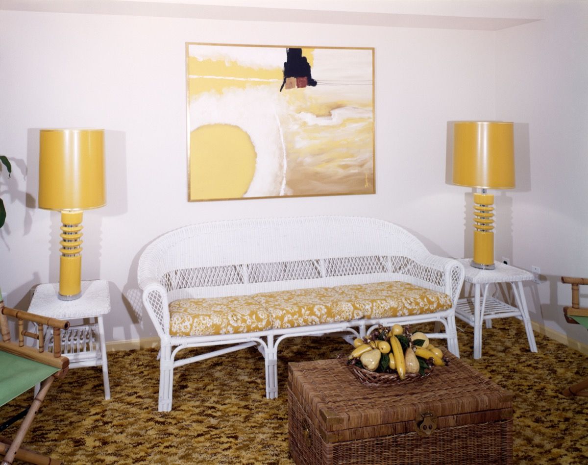 Yellow Living Room with Wicker Sofa 1970s Home Decor