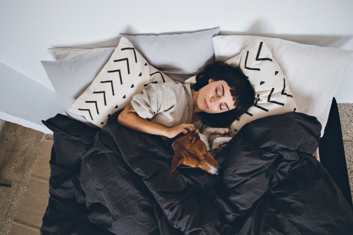 Woman lying under the blanket with her dog