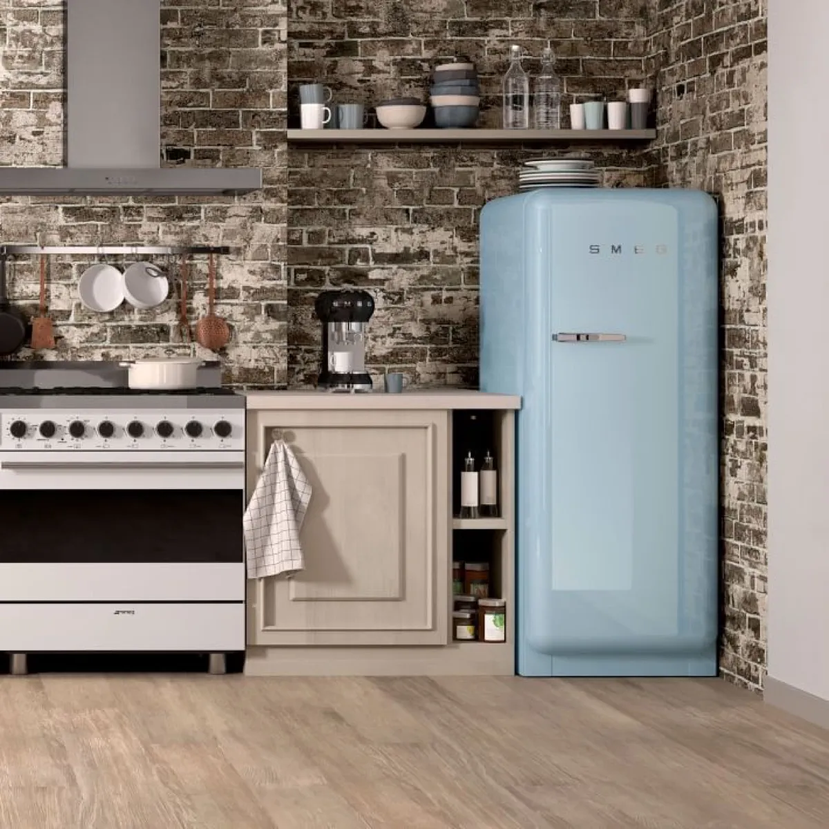 product shot of a baby blue full-size SMEG fridge in a rustic kitchen