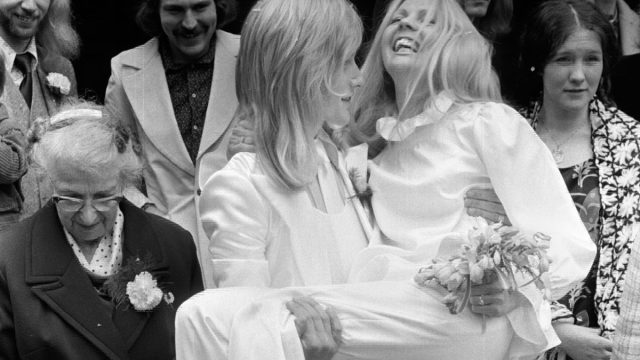 1970s stylish wedding couple