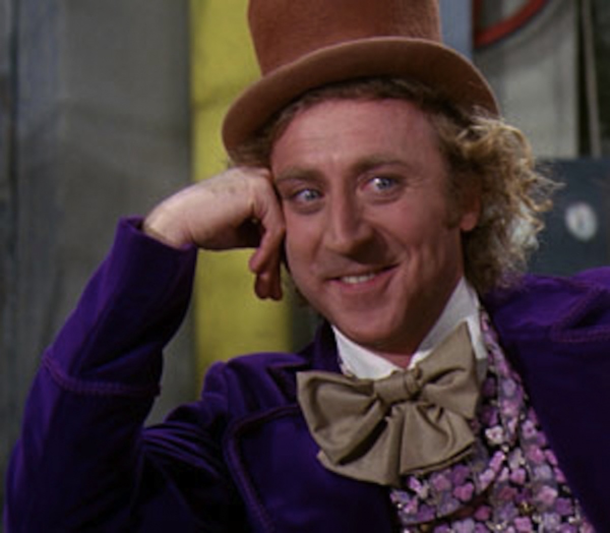 Gene Wilder in top hat, bowtie, and purple tux as Willy Wonka