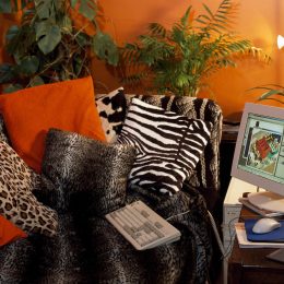 Animal print cushions on sofa in a nineties bed-sitting room with a computer on a low table